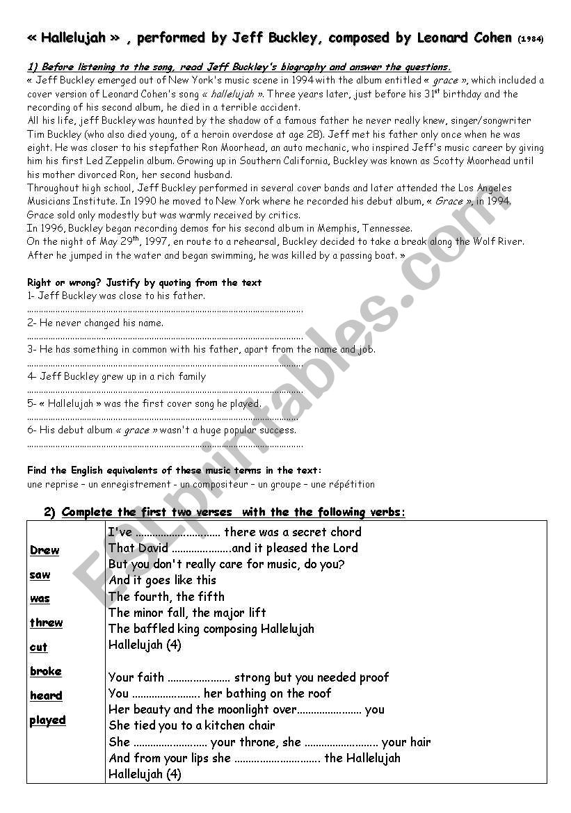 Hallelujah worksheet