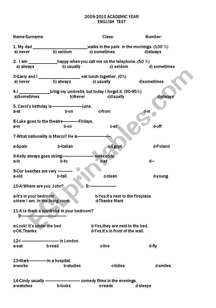 MULTIPLE CHOICE TEST worksheet