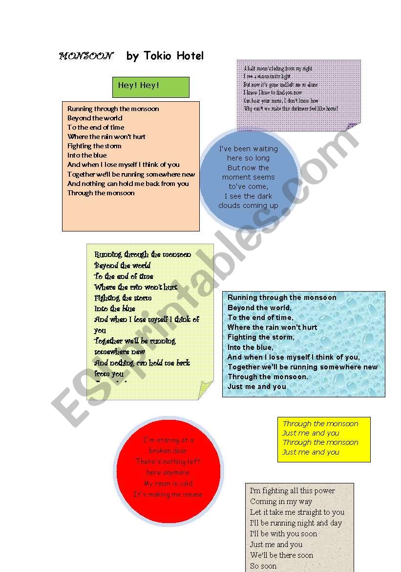 Monsoon by Tokio Hotel worksheet