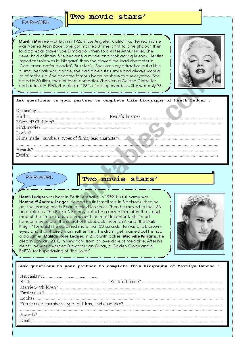 Pair-work 2 movie stars worksheet