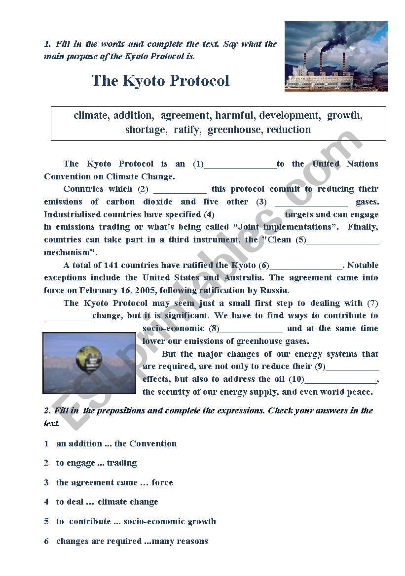 The Kyoto Protocol, fill in the words and prepositions (with keys)