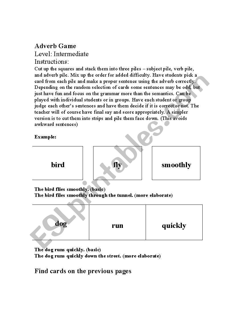 Adverb Card Game worksheet