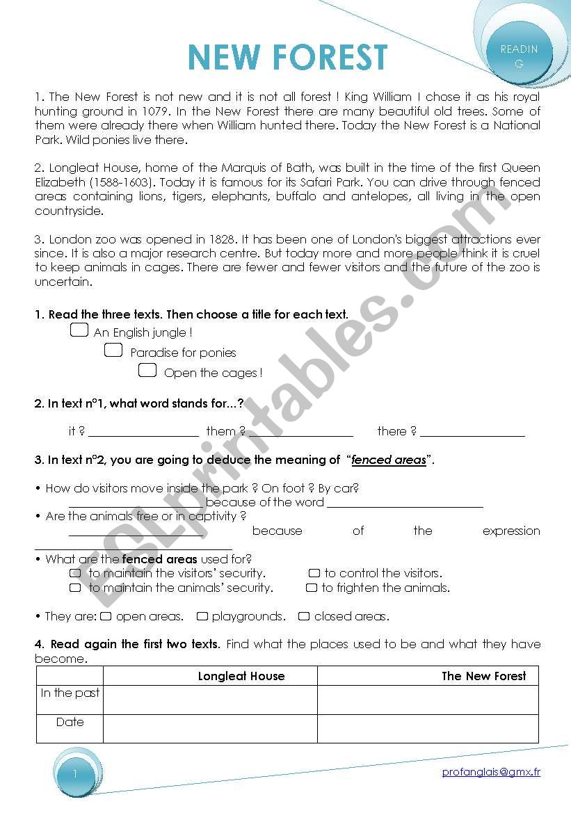 reading: NEW FOREST worksheet