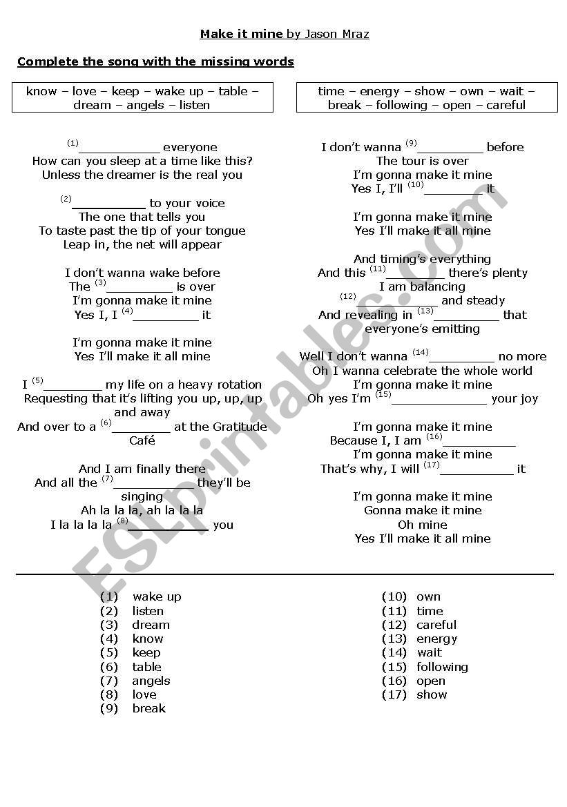 Make it Mine by Jason Mraz worksheet