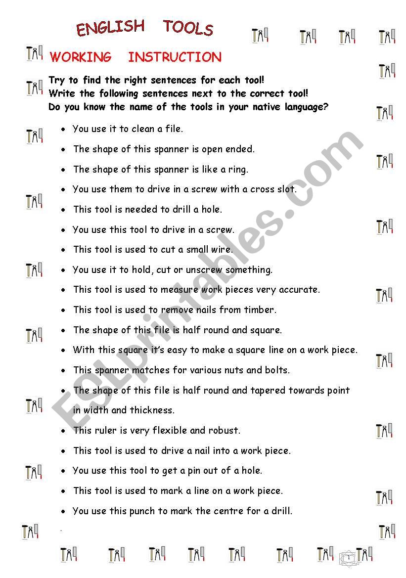 Use of TOOLS  worksheet