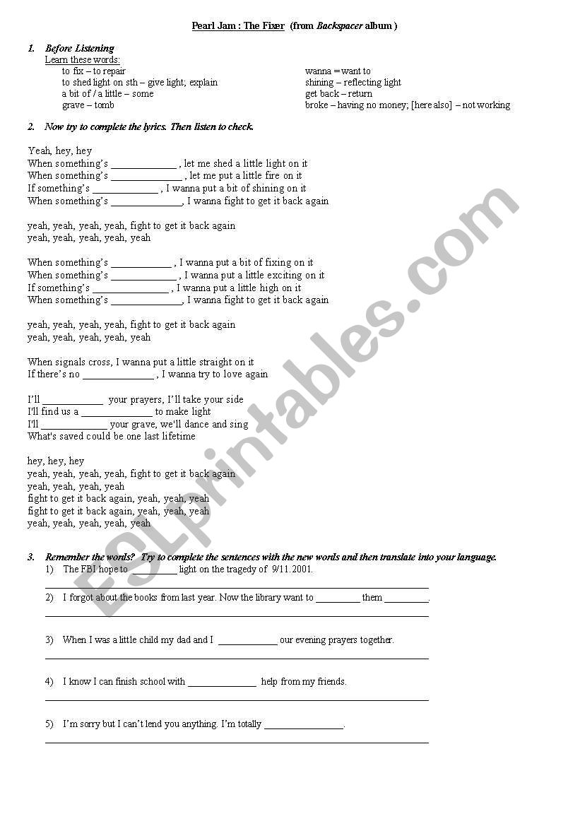 Peal Jam song - the fixer worksheet