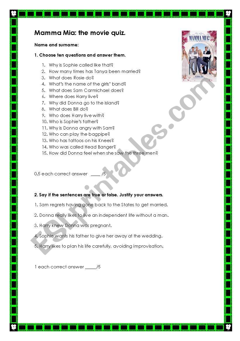 Mamma Mia the Movie worksheet