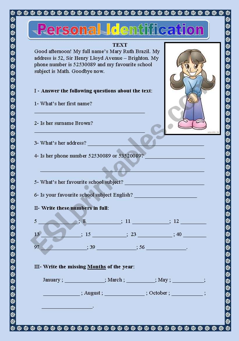 PERSONAL IDENTIFICATION worksheet