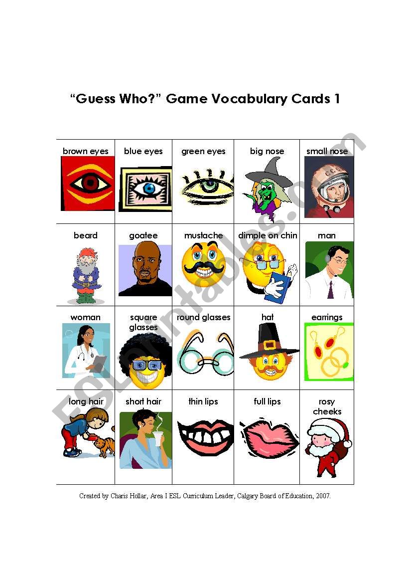 Guess Who Game Vocabulary Cards 1