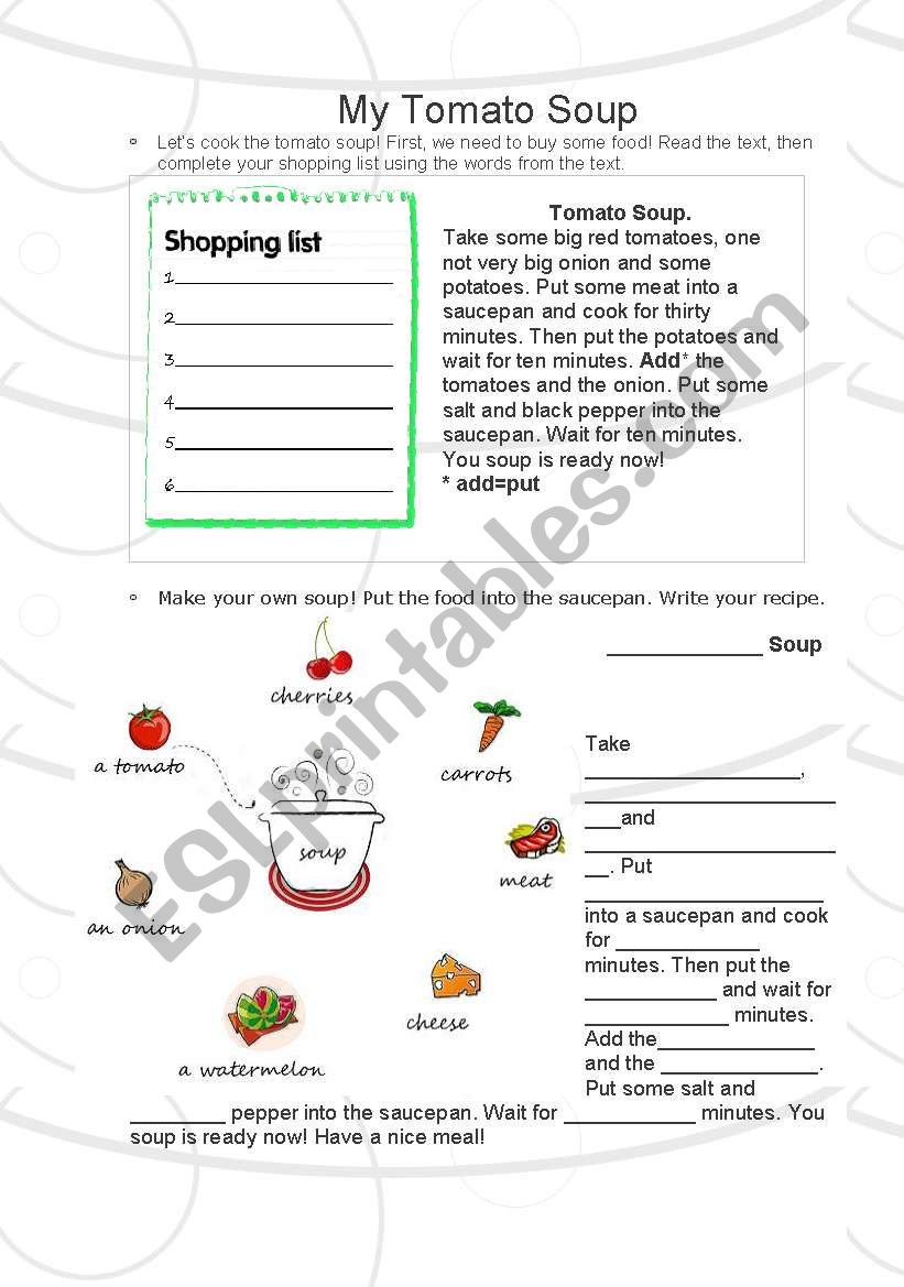 A tomato soup recipe worksheet