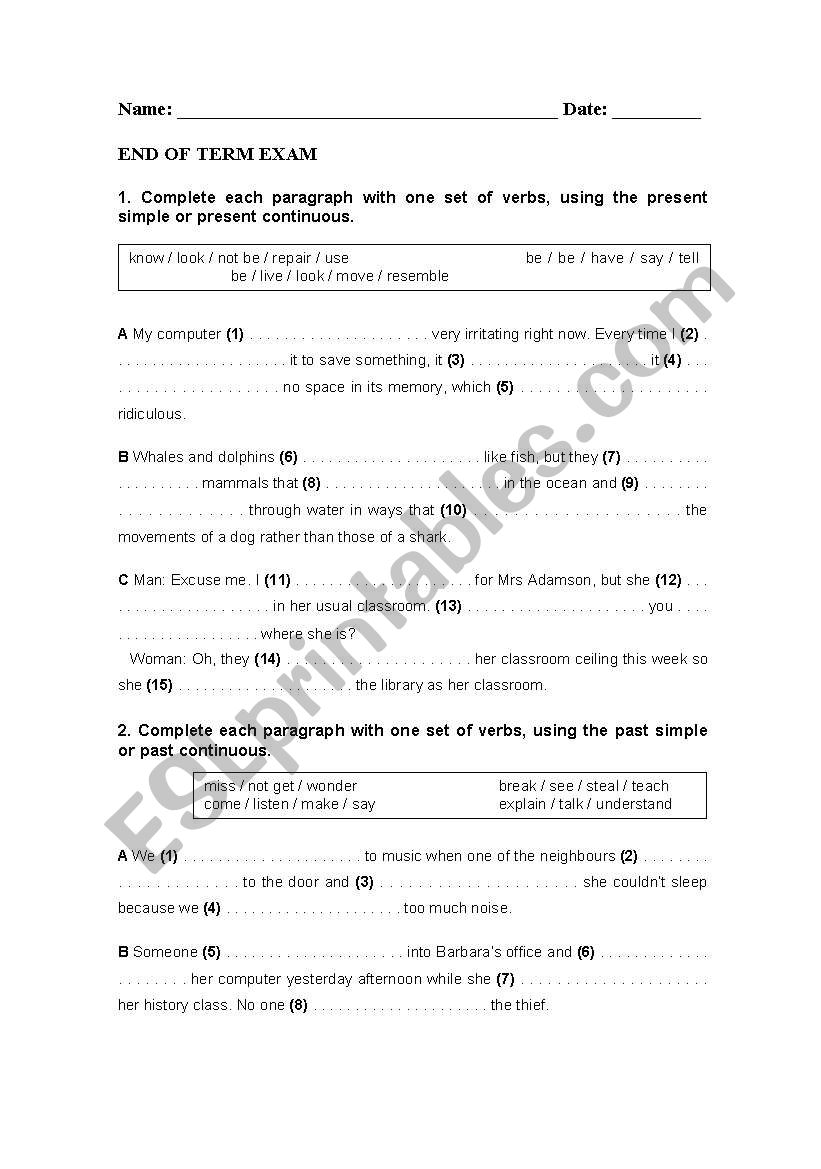 END OF TERM EXAM (ADVANCED) worksheet