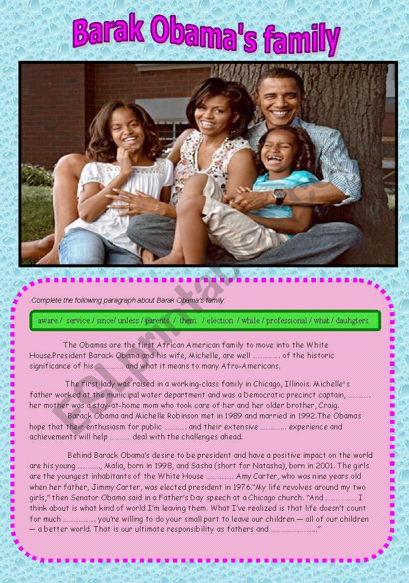 Barak Obamas family worksheet