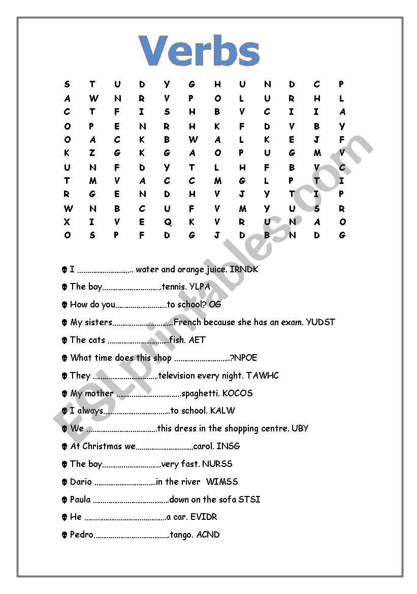 Verbs Wordsearch worksheet