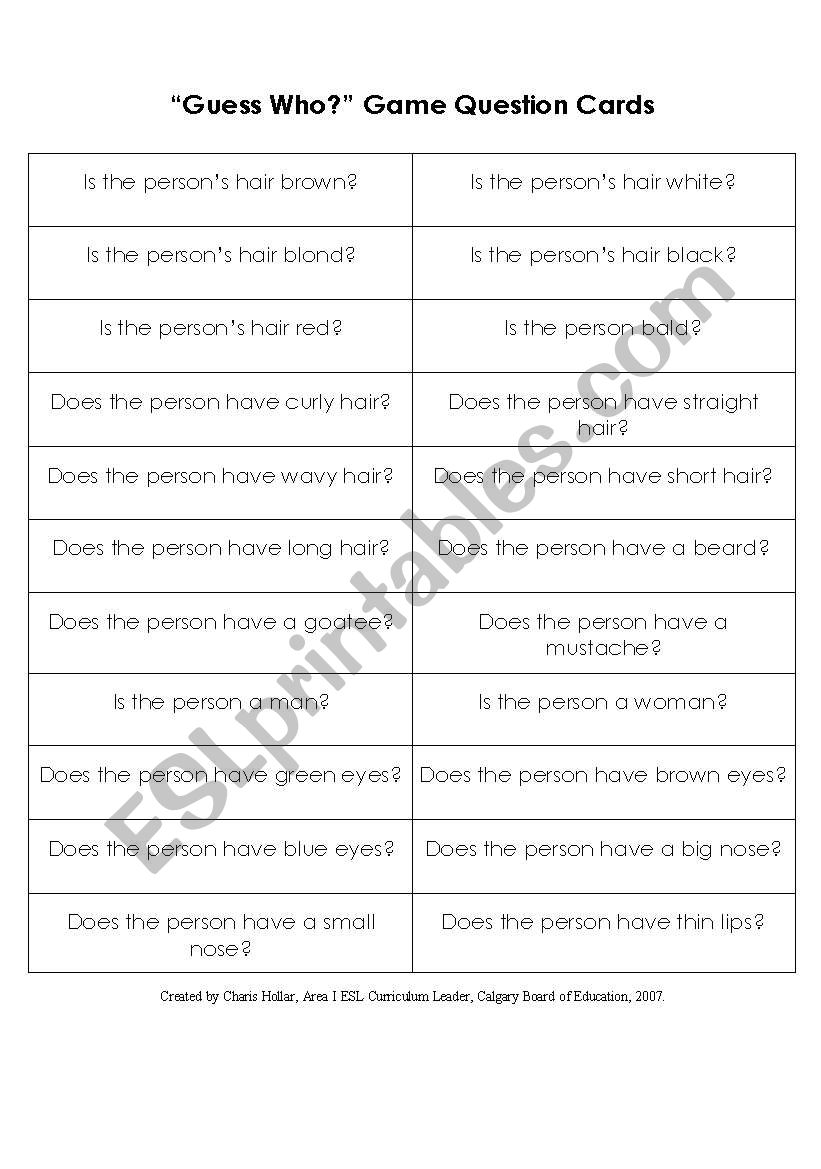 Guess Who Game Question Cards worksheet
