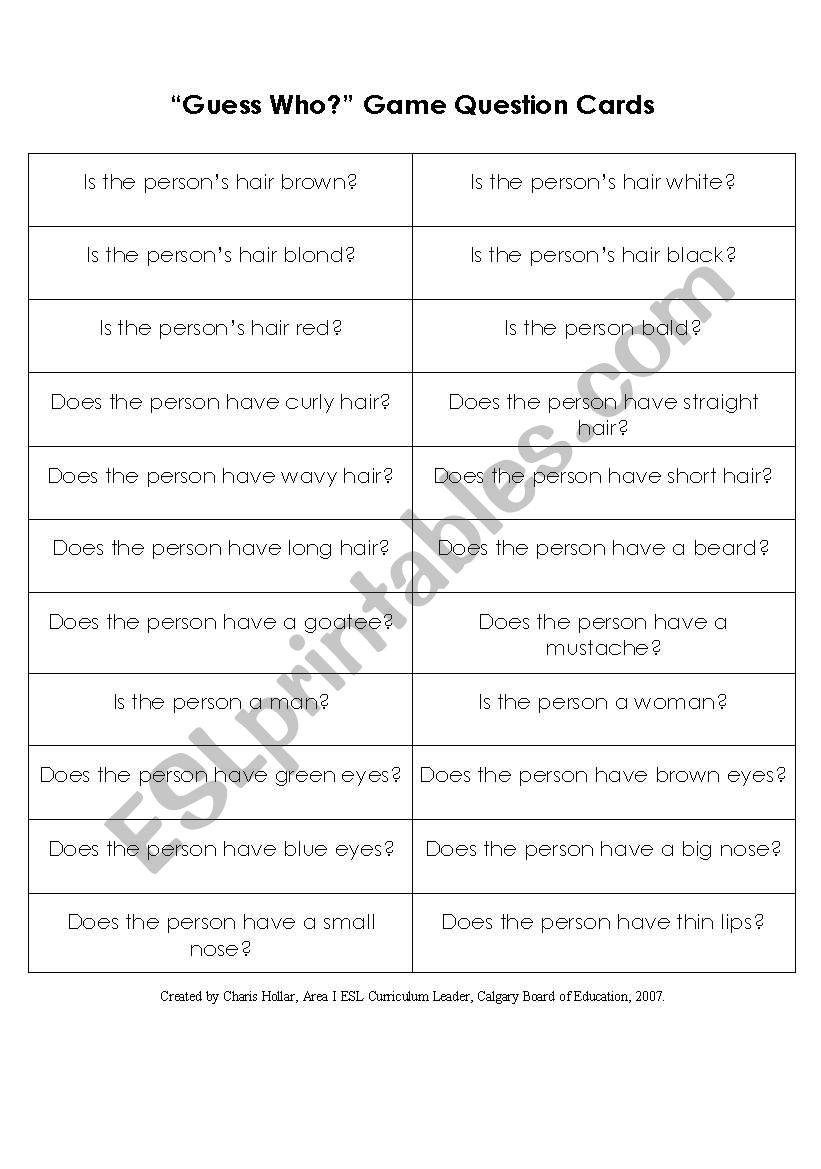 Guess Who Game Question Cards worksheet