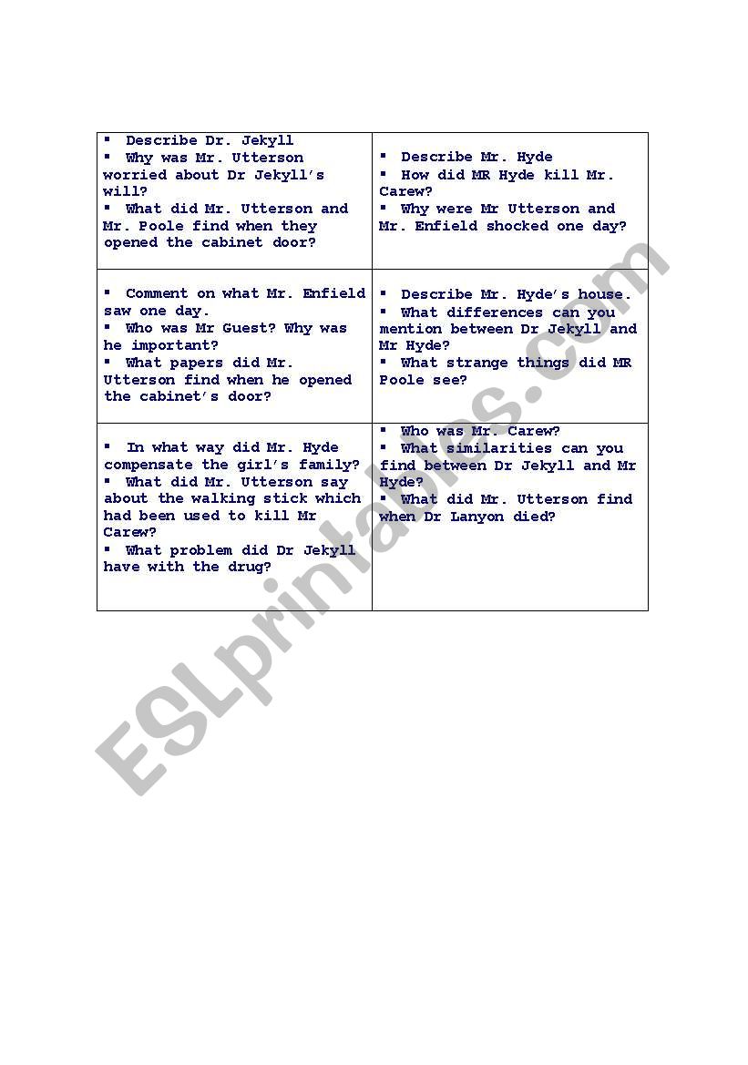 Dr Jekyll and Mr Hyde worksheet