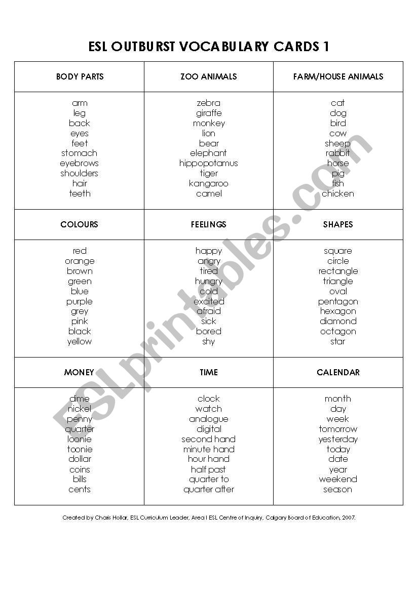 ESL Outburst Vocabulary Cards worksheet