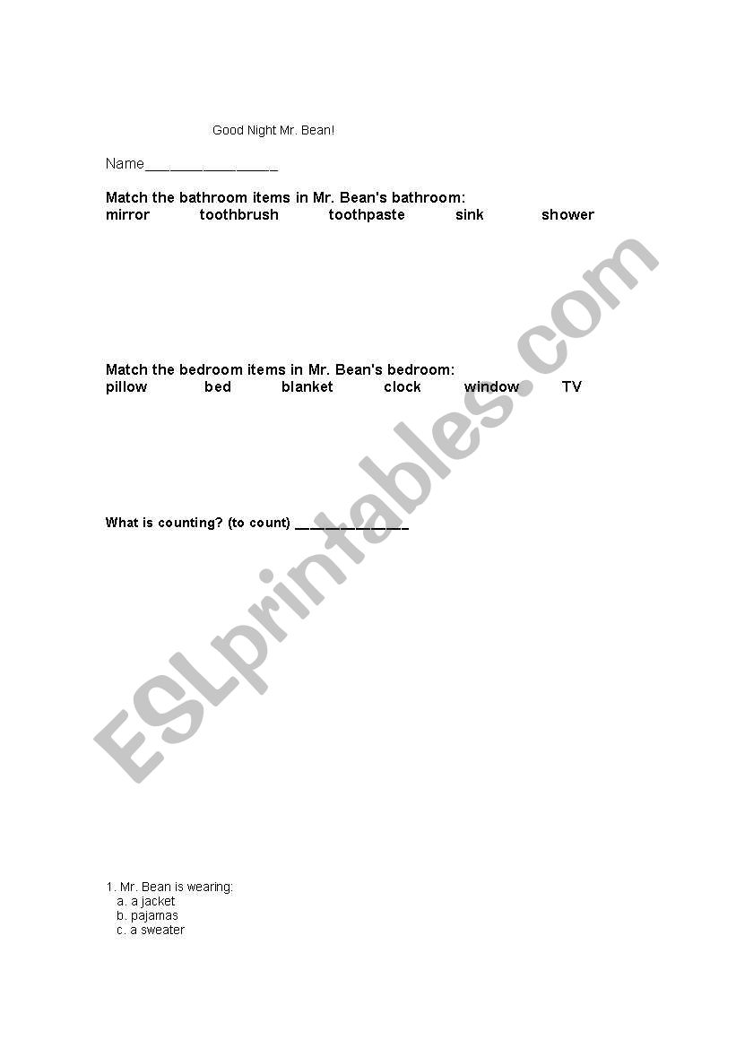 Goodnight Mr. Bean worksheet