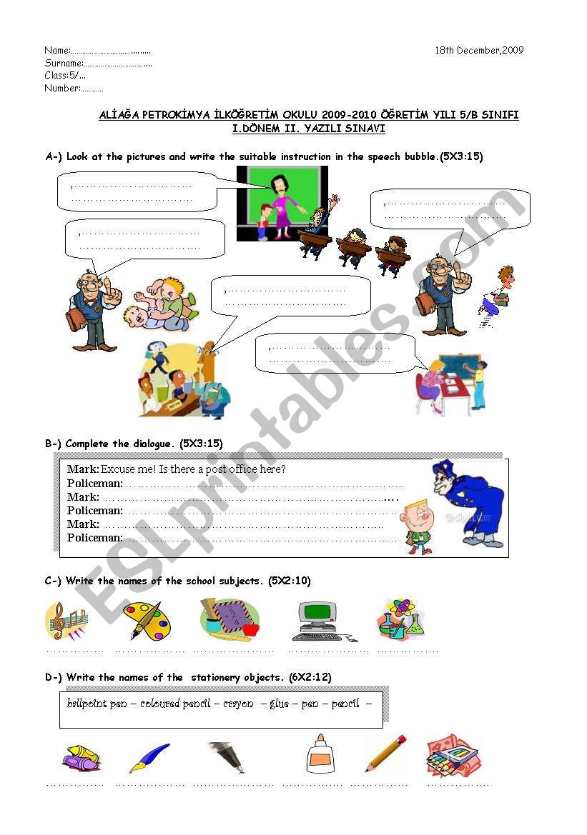 Exam for 5th grade,2009-2010,1st term,2nd exam(part one)