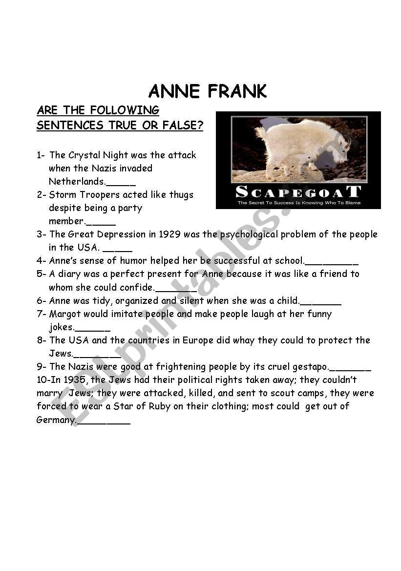 Anne Frank worksheet