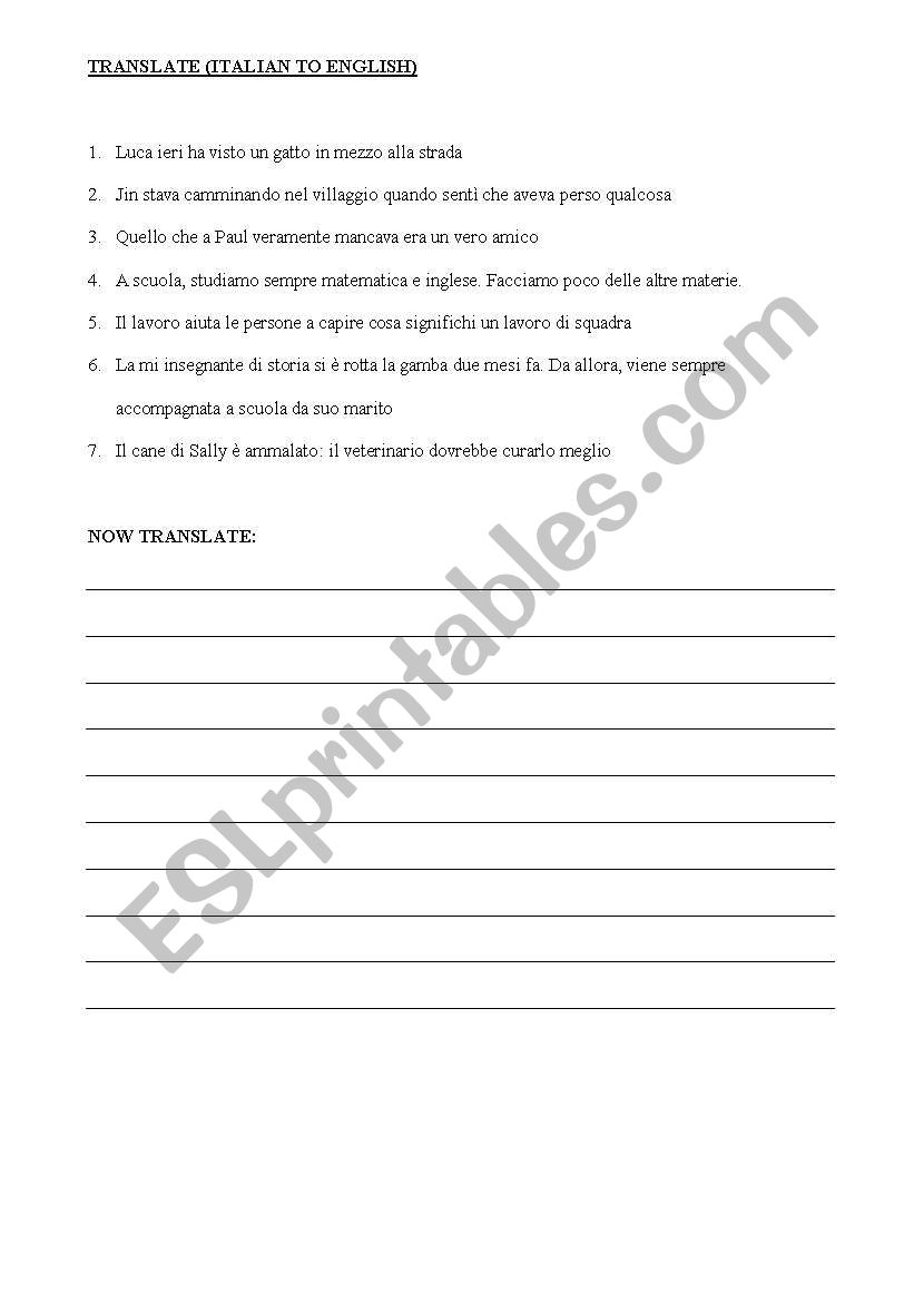 TRANSLATE ITALIAN TO ENGLISH worksheet