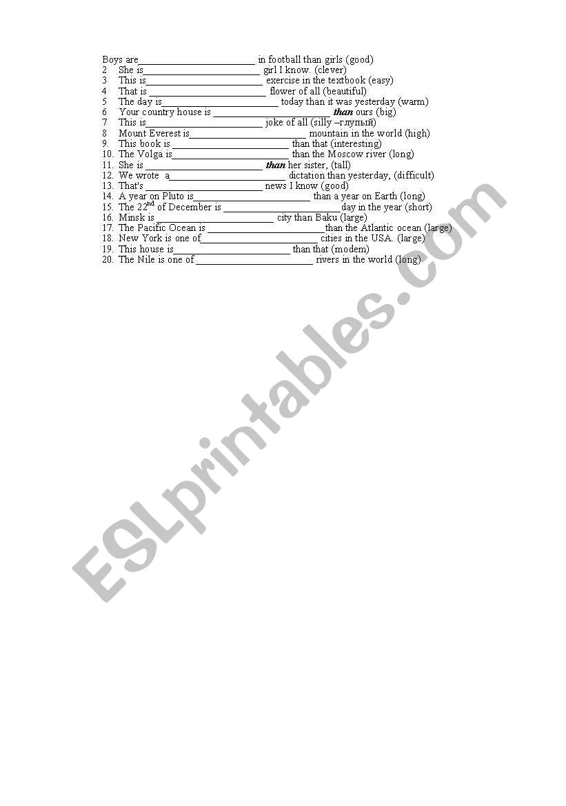 degrees of comperison worksheet