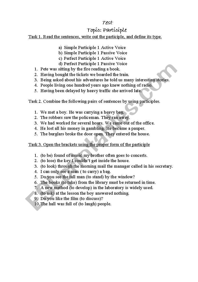 Participle worksheet