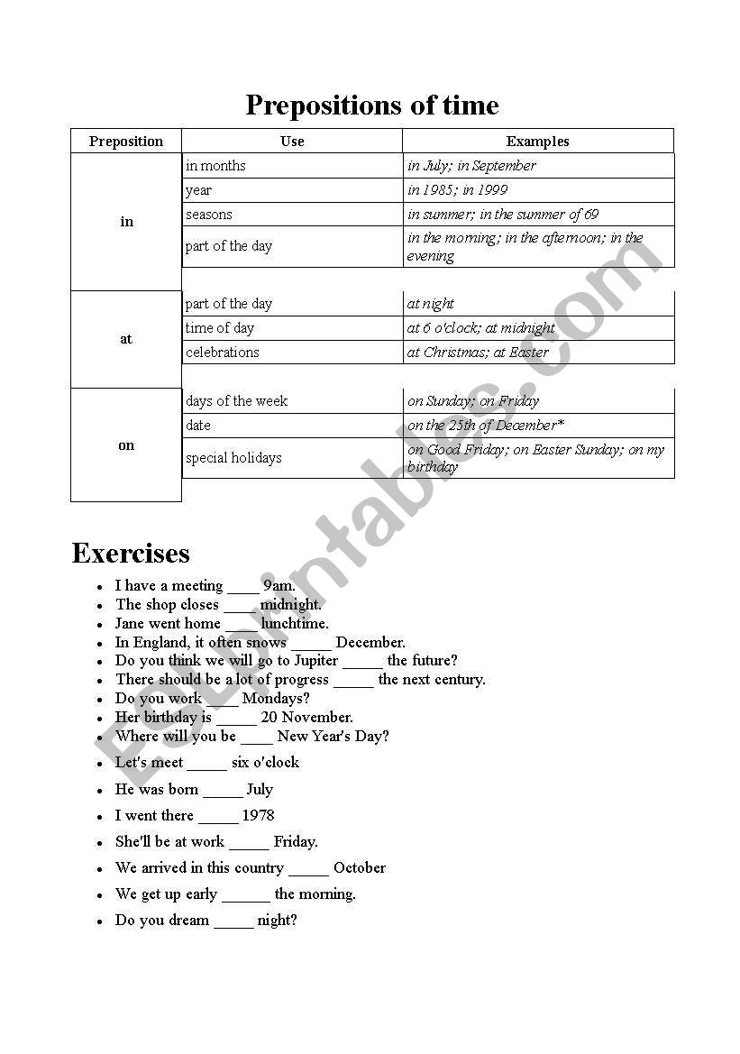 Prepositions of time worksheet