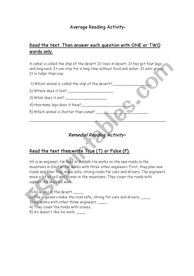 Reading passages worksheet