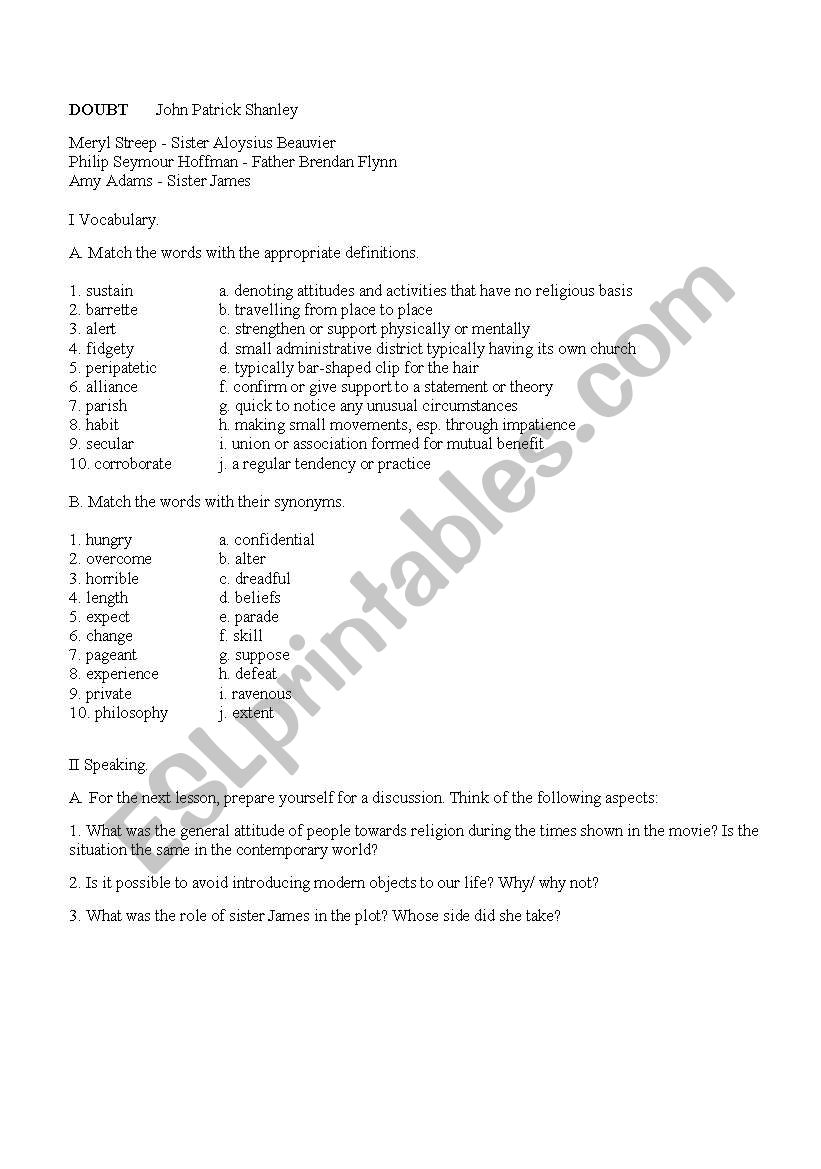 Doubt movie - worksheet. worksheet