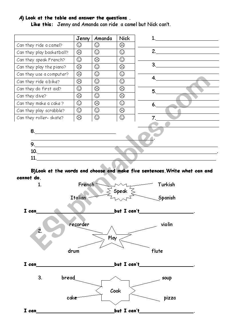 Can/ cannot worksheet