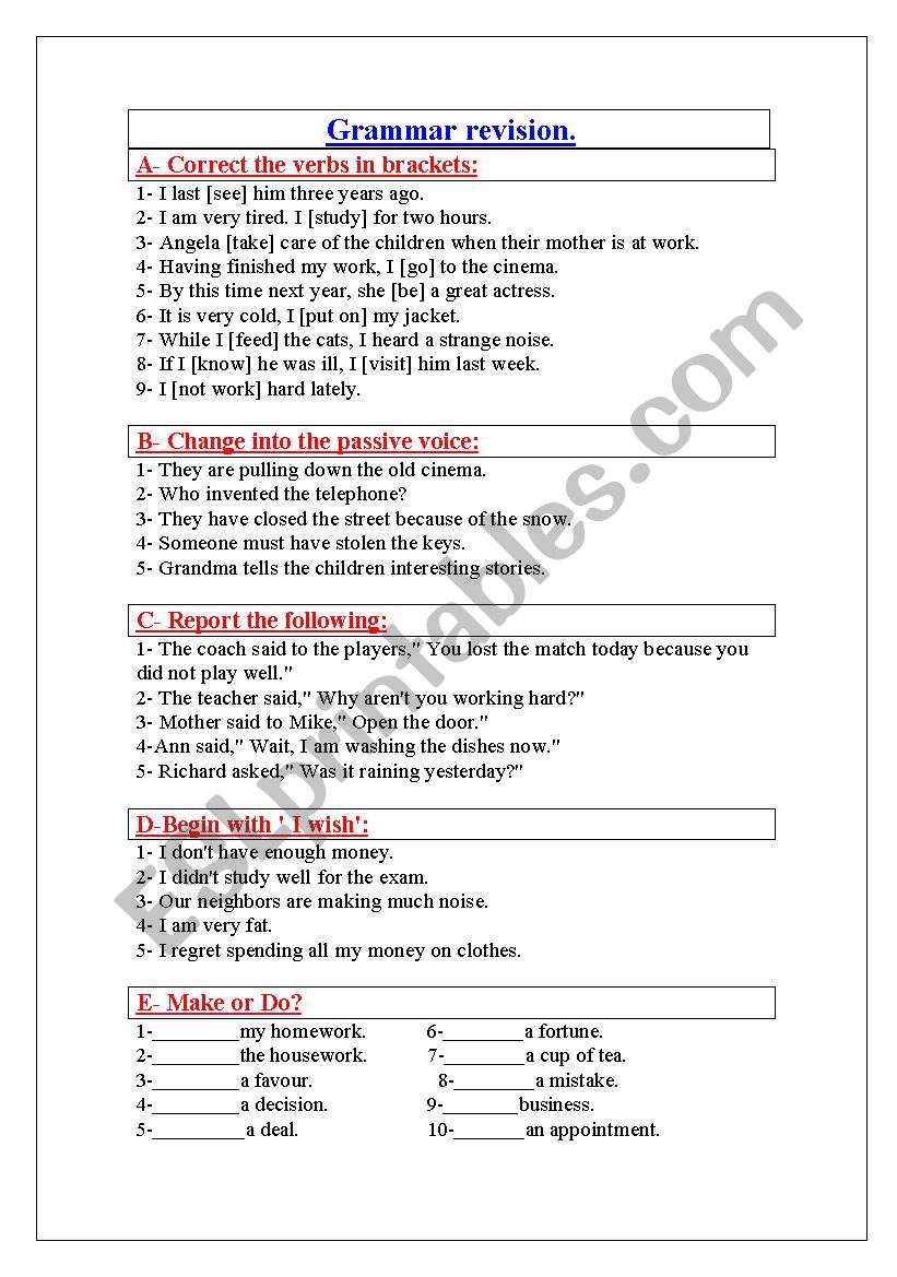 Extensive grammar revision worksheet