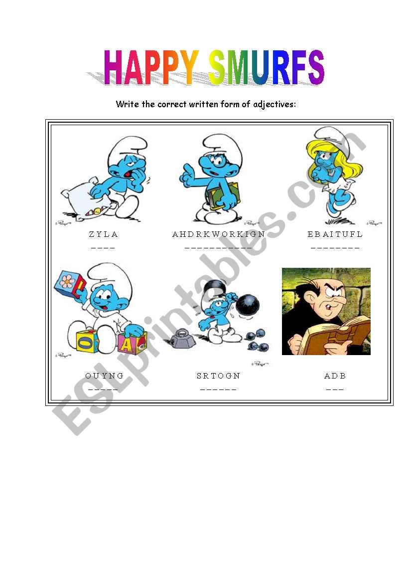 adjectives in smurfs  worksheet