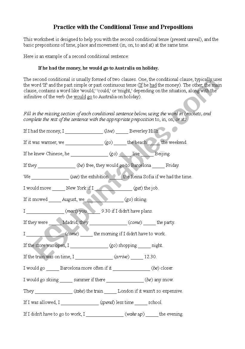 Second Conditional and Prepositions Worksheet