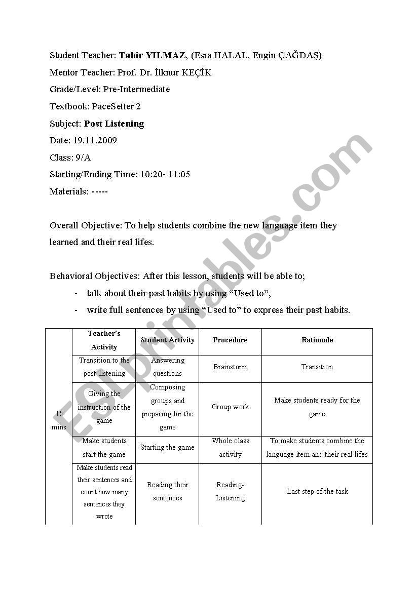 POST-LISTENING LESSON PLAN worksheet