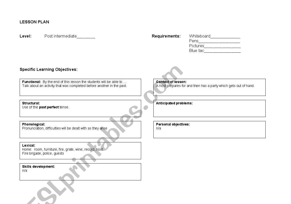 Past perfect lesson plan worksheet