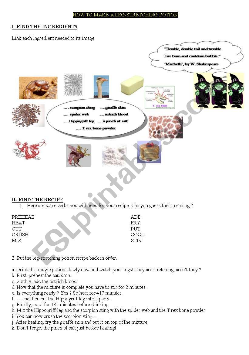 how to make a potion worksheet