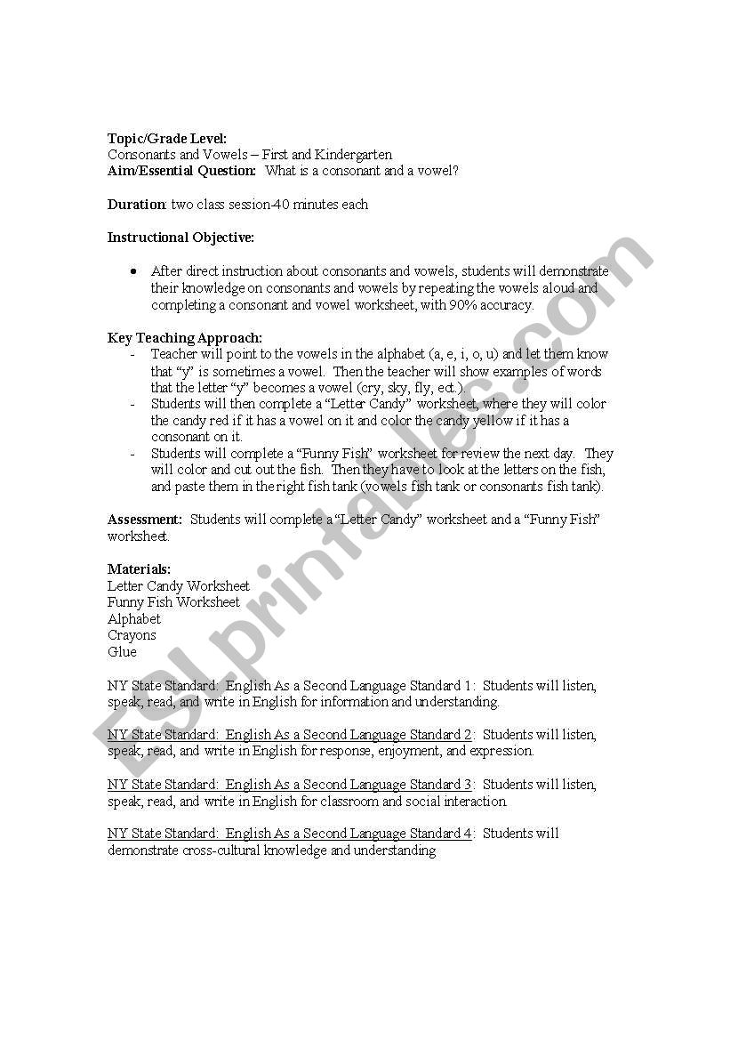 Lesson plan on consonants and vowels