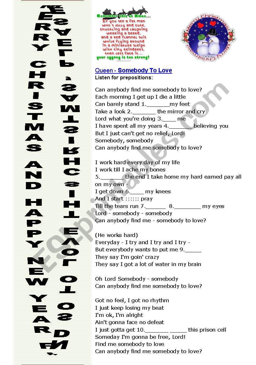 A song for Christmas Time: Queens Somebody to love lyrics and worksheet