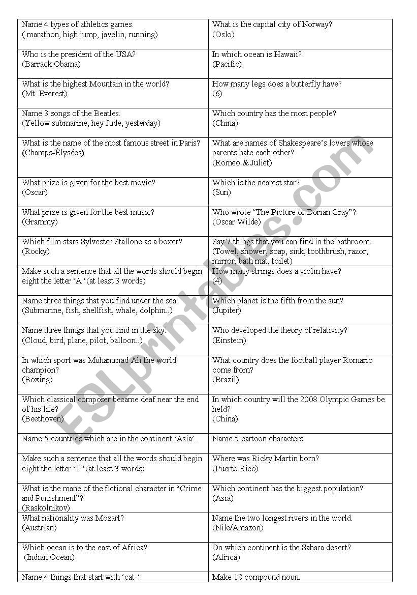 General Knowledge Quiz- Game 1