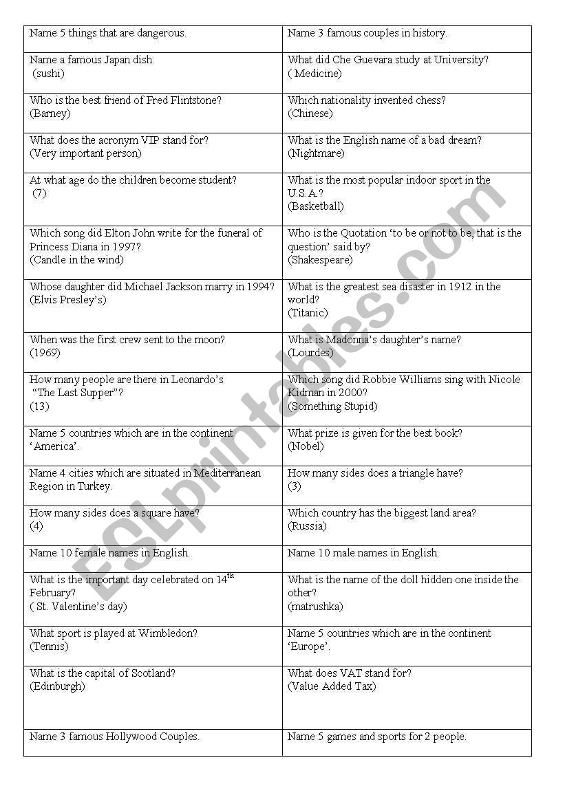 general knowledge quiz-game 2 worksheet