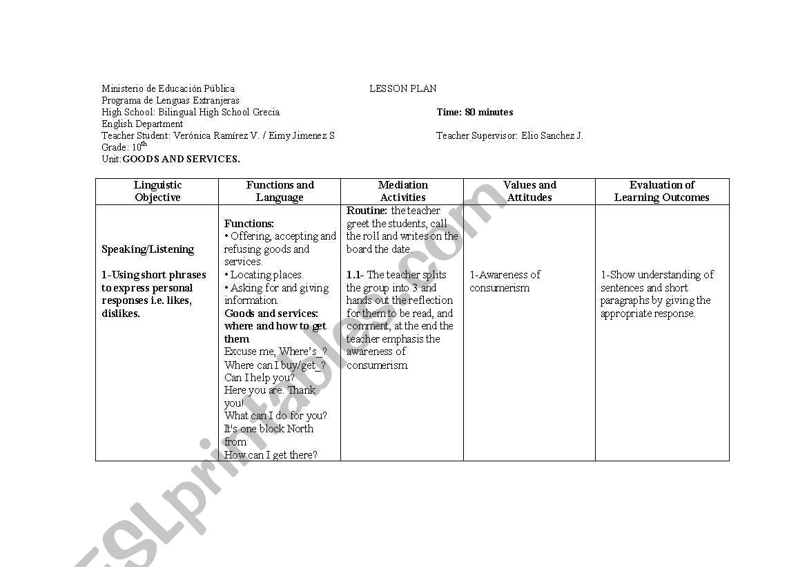 lesson goods and services worksheet