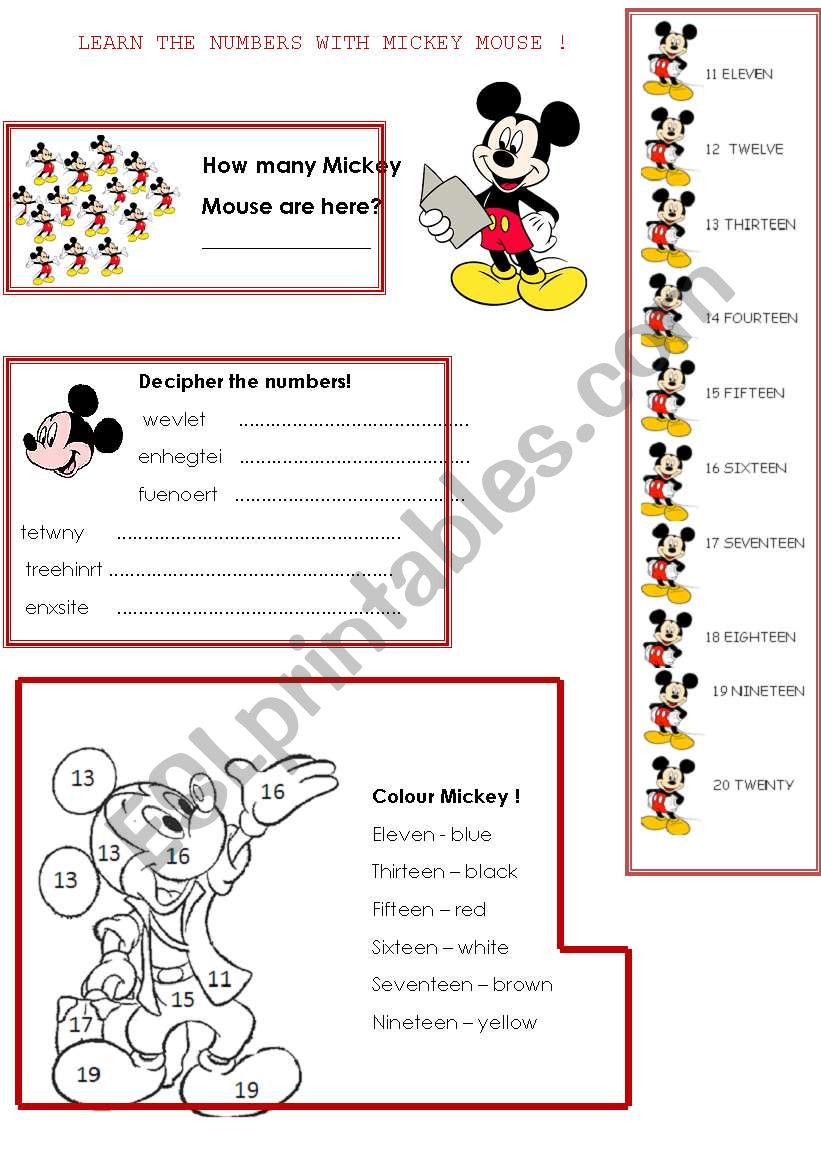 Learn Numbers From 10 To 20 With Mickey Mouse ESL Worksheet By Kasiadudczak
