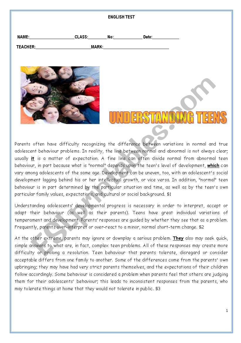 TEST: UNDERSTANDING TEENS worksheet