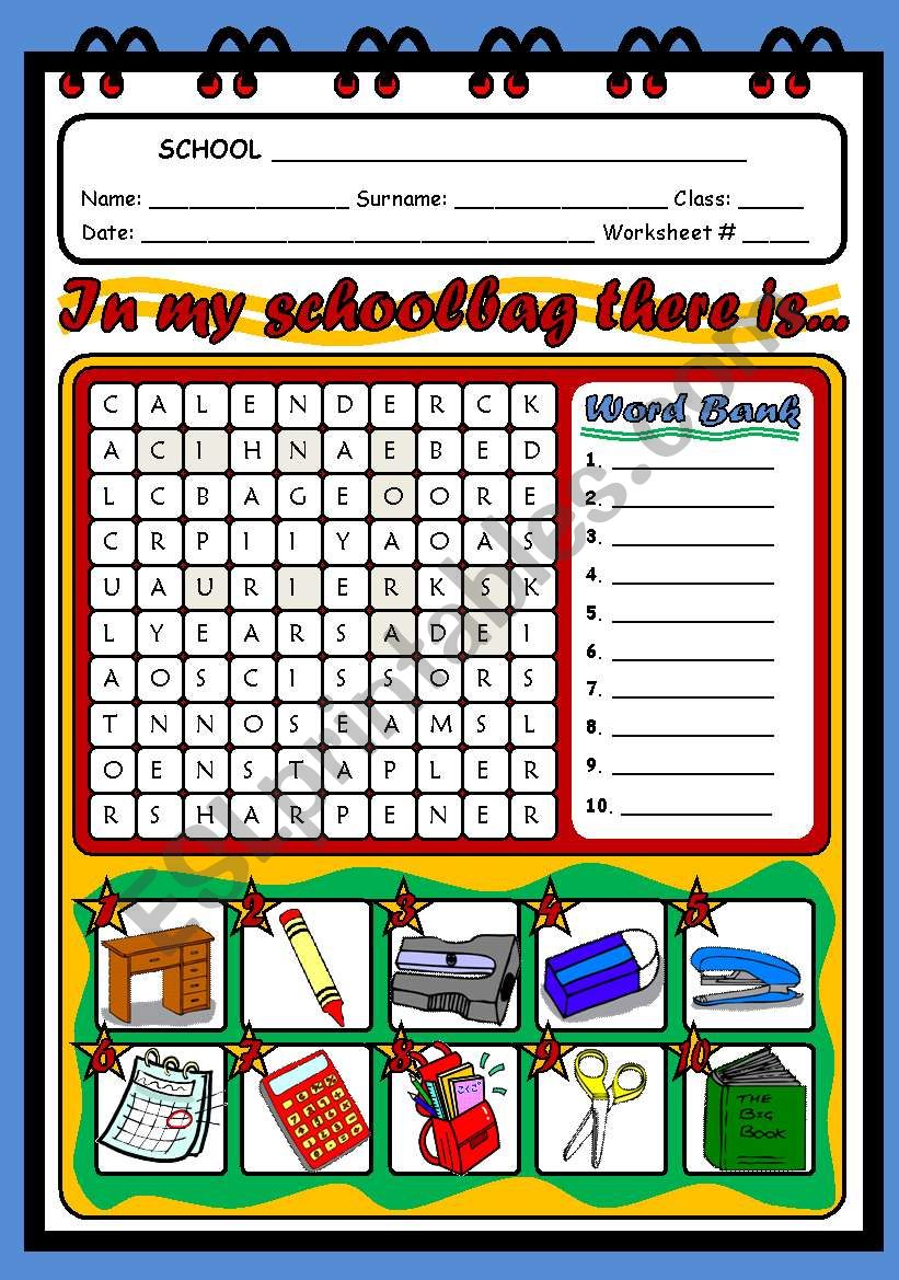 SCHOOL OBJECTS - WORDSEARCH worksheet