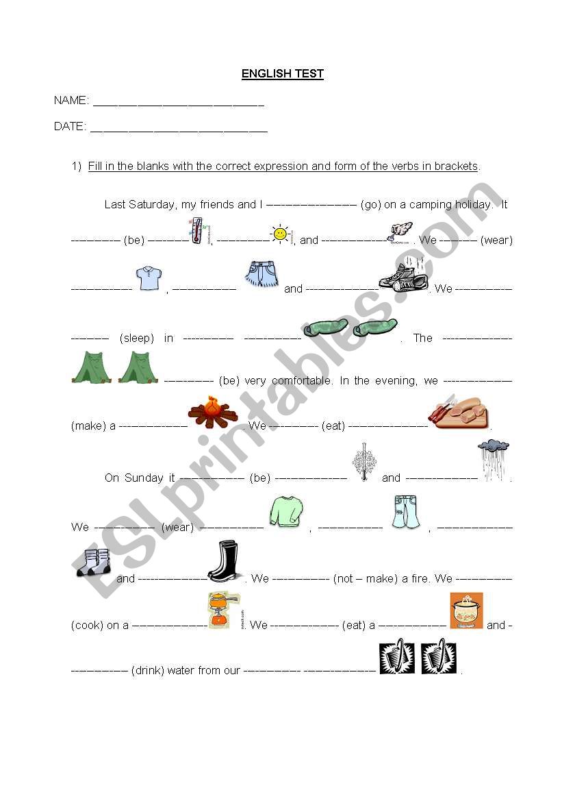 Test on the simple past and weather, clothing and camping vocabulary