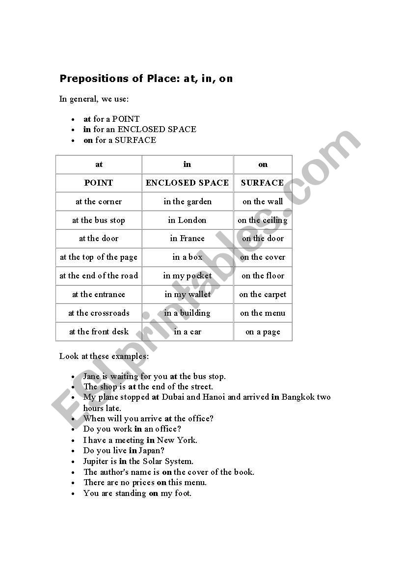 the difference between prepositions of place 