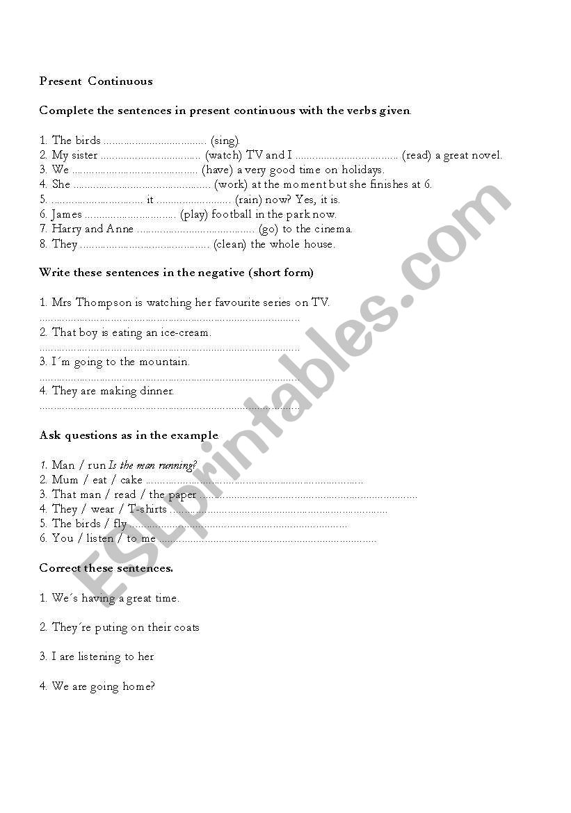 present continouos worksheet