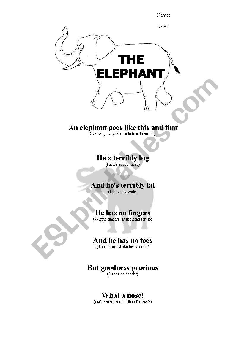 Elephant Poem - ESL worksheet by sianwilliams7@live.co.uk