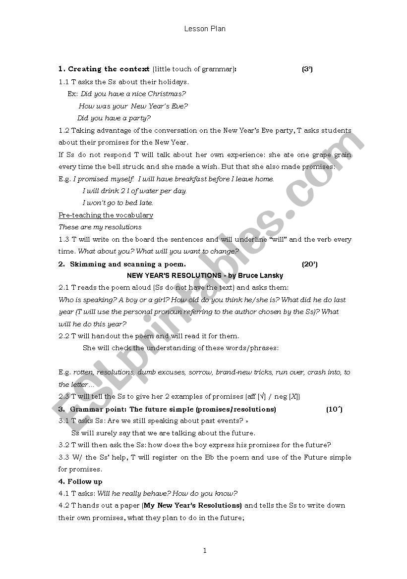 New Years resolutions worksheet